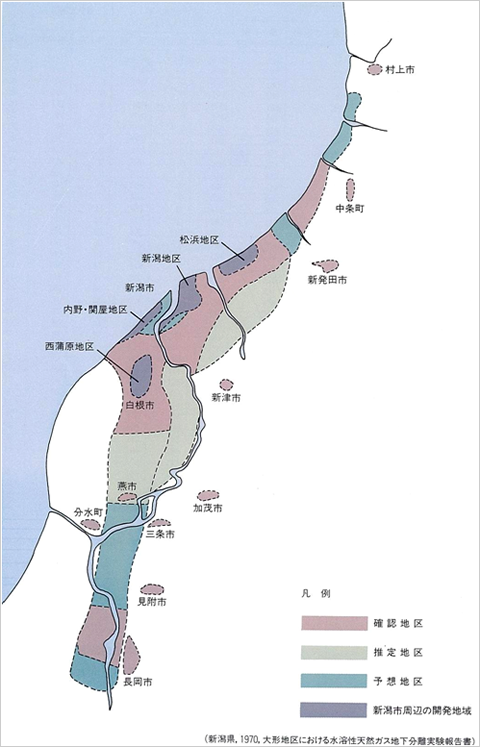 水溶性天然ガス鉱床の分布図（新潟市提供）